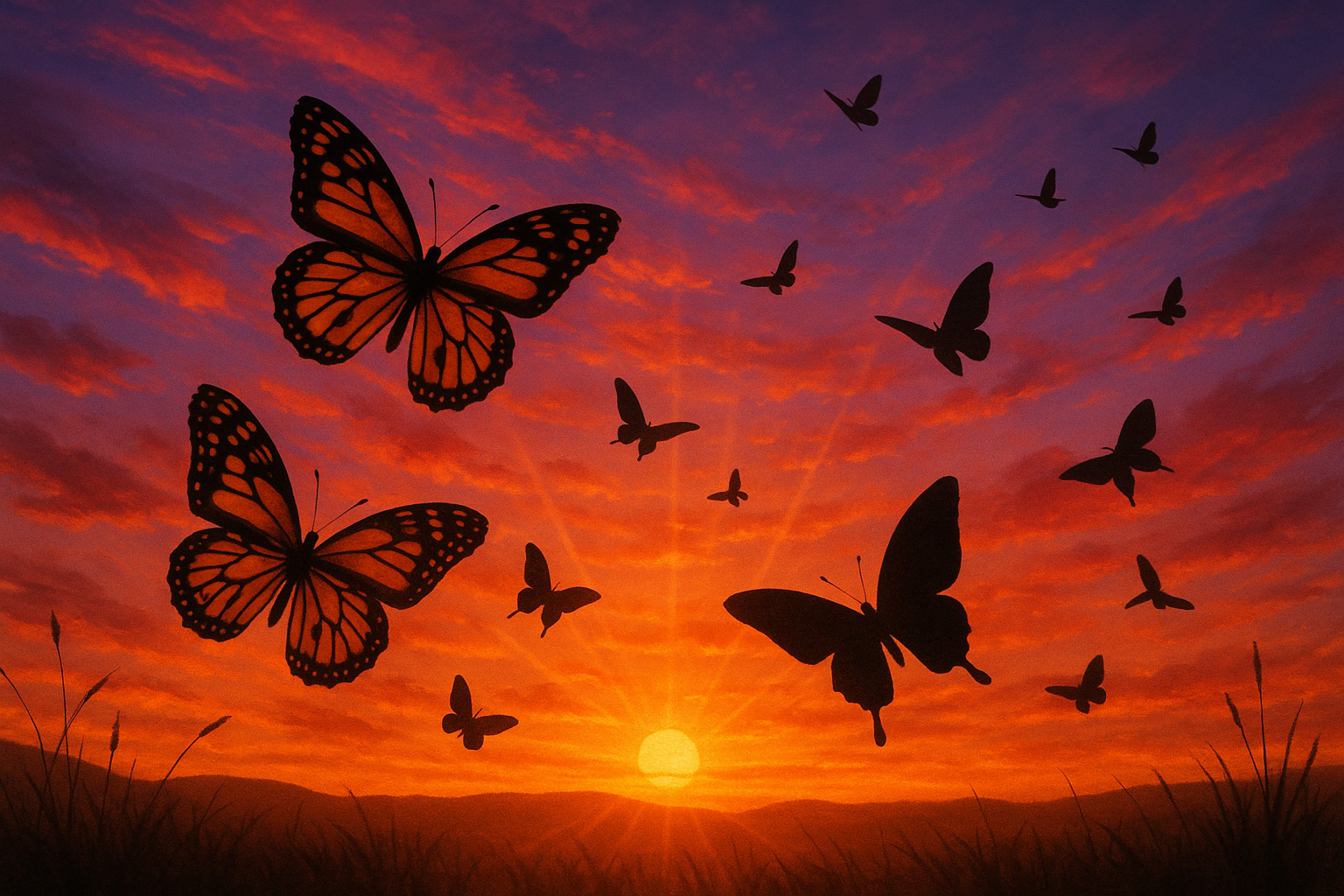 beautiful sunset with butterflies